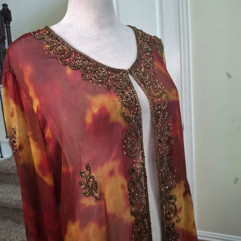 INDIGO MOON Beaded Long Open Duster Kimono Tie Dye Gold Red Medium Boho Vacation